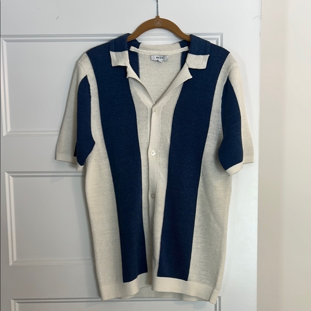 Reiss Blue and White Striped Short Sleeve  Knit Button Down Shirt